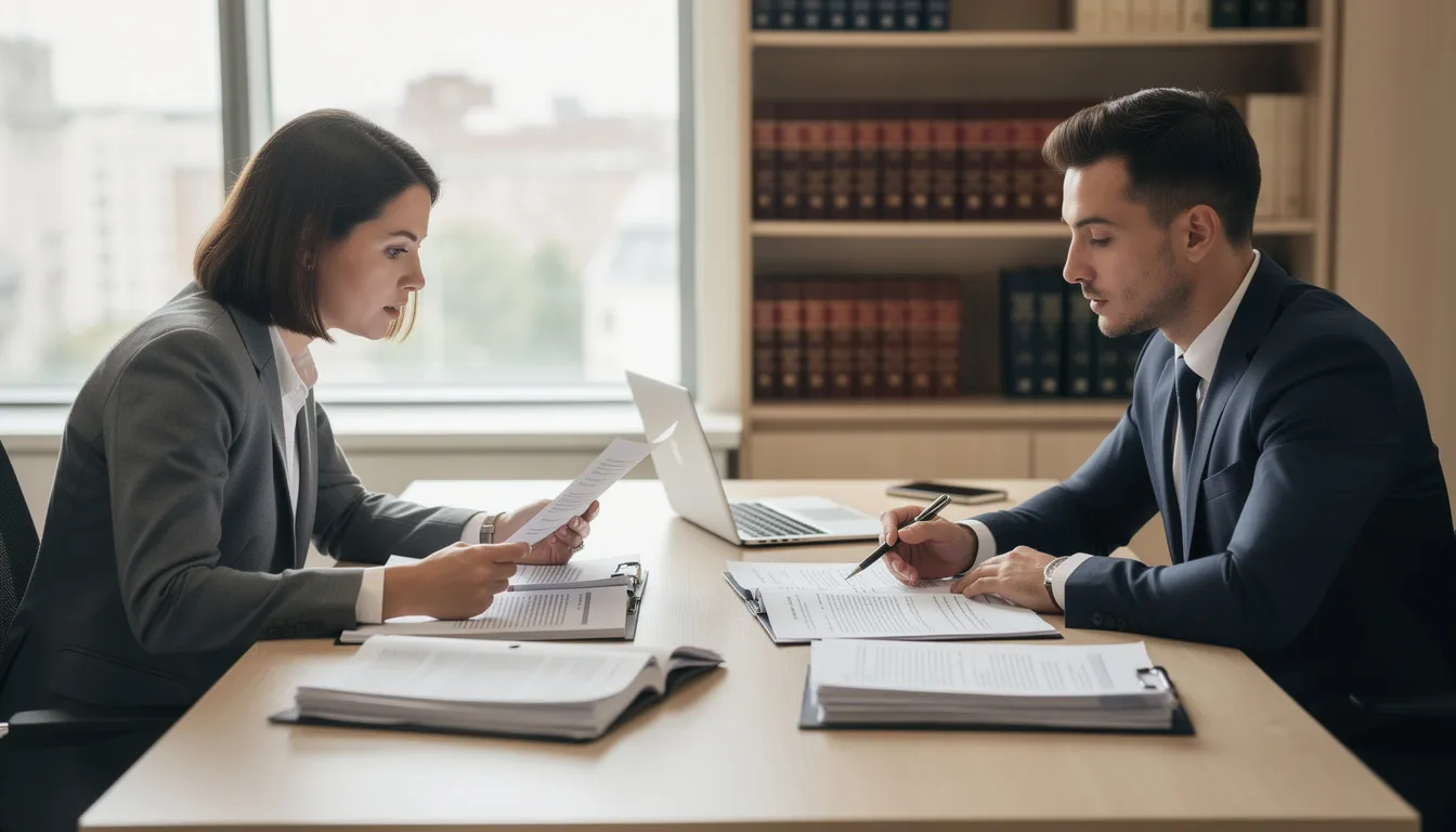 The image shows a person sitting at a desk, reviewing documents with an experienced personal injury attorney. They are discussing important aspects of personal injury claims, including the statute of limitations and gathering evidence related to the case.