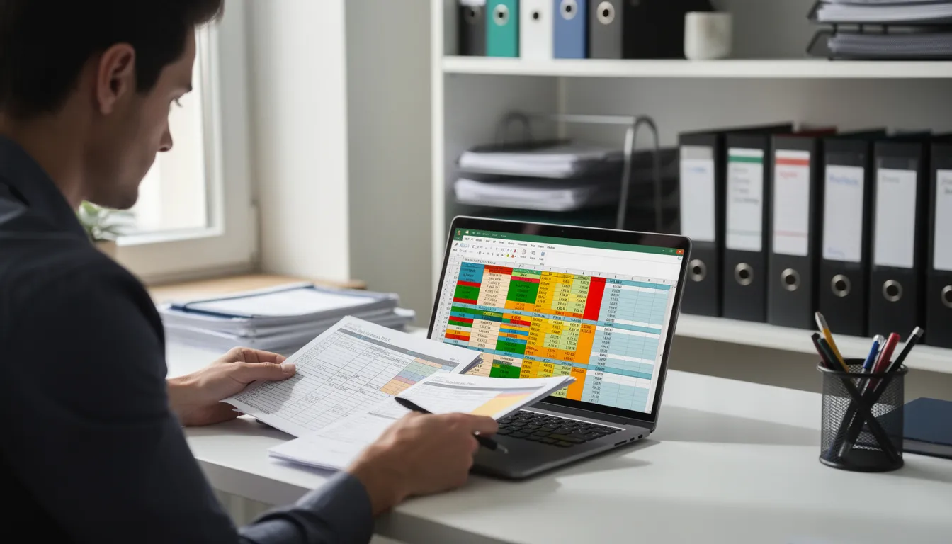 A person is seated at a desk, organizing various documents while working on a laptop displaying spreadsheets related to the probate process. This scene reflects the meticulous work of estate attorneys and real estate professionals as they manage probate leads and prepare for the legal process involved in distributing assets.