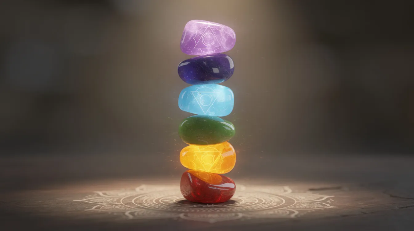 The image depicts a collection of chakra stones, each representing one of the seven chakras, including the root chakra, sacral chakra, and crown chakra. These colorful stones are arranged in a visually appealing manner, showcasing their unique vibrations and energies, perfect for creating a chakra bracelet or enhancing spiritual well-being.