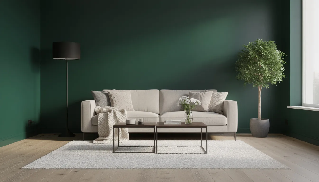 The image depicts an interior room featuring dramatic bold walls painted in deep emerald green, creating a stylish and elegant atmosphere. This design choice reflects the trend of accent walls, which interior designers warn can sometimes lead to costly mistakes if not paired with quality materials and thoughtful décor.