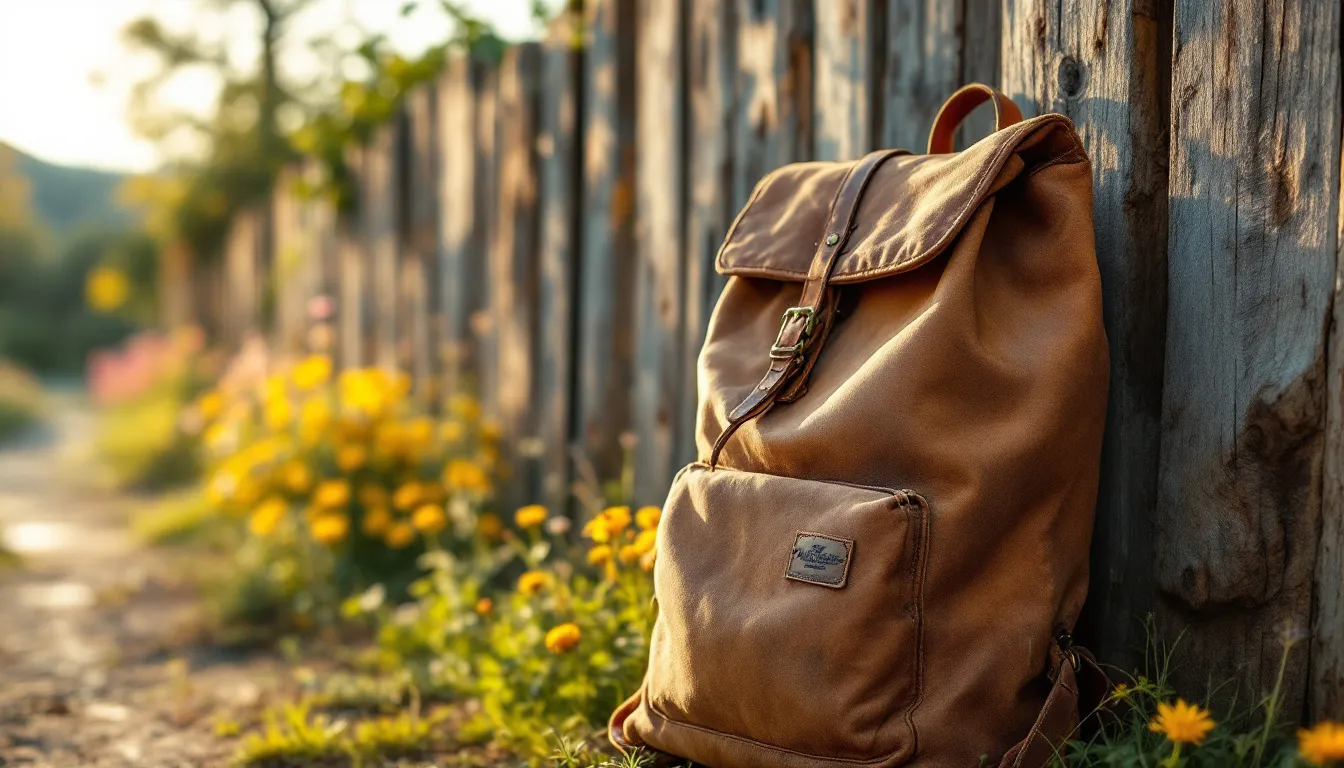 Ein Vintage-Lederrucksack vor einem rustikalen Hintergrund.