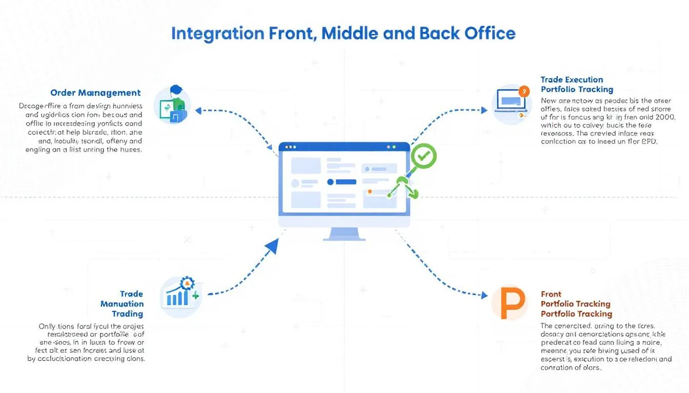 The image illustrates the concept of integration in multi-asset trading, highlighting how a unified system enhances operational efficiency for asset managers by connecting front, middle, and back office functions. It emphasizes the importance of portfolio management and data management in navigating the complexities of the financial markets.