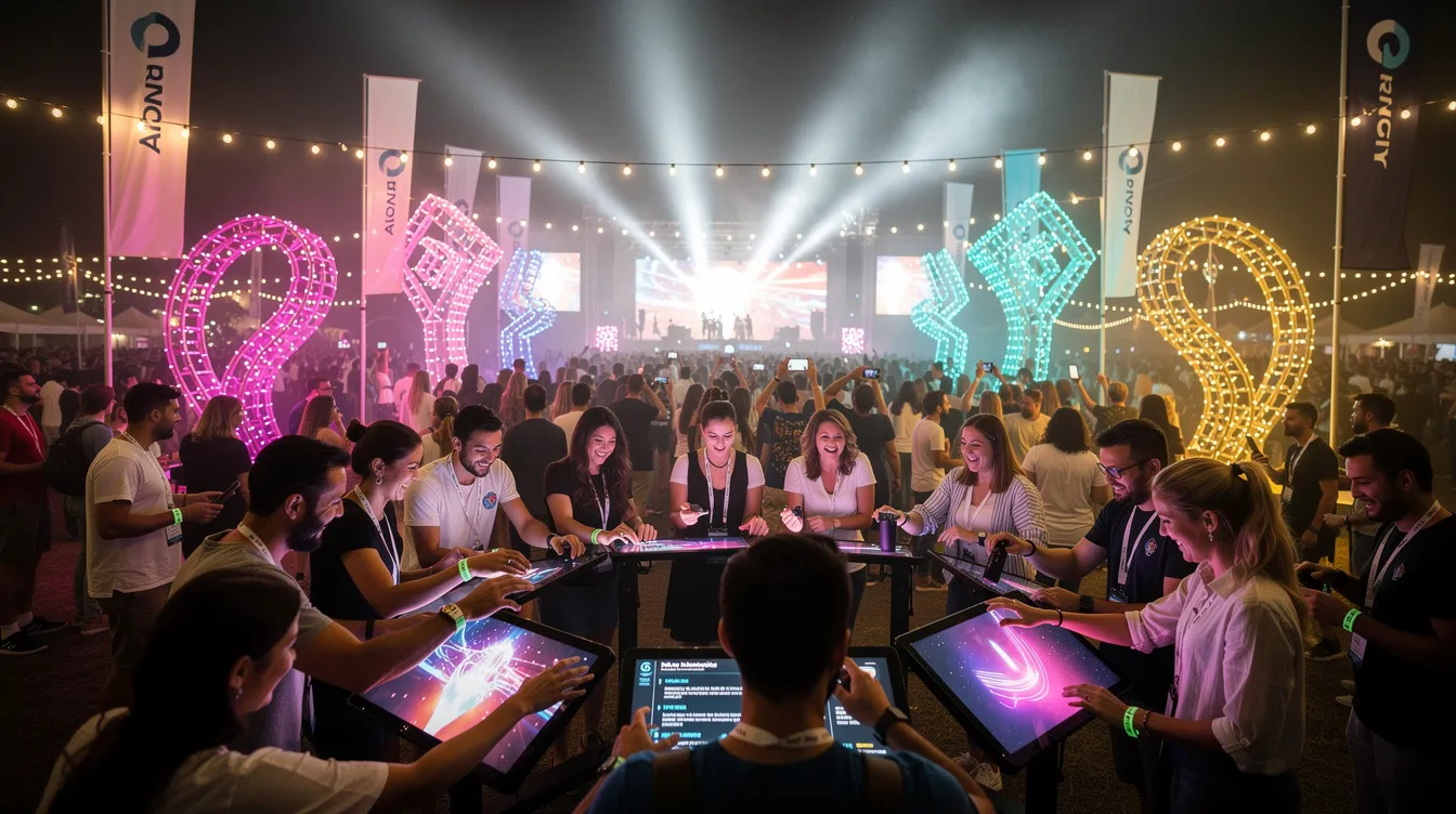 Un animado festival al aire libre muestra a un público variado interactuando con coloridas instalaciones interactivas de marcas, lo que pone de relieve la esencia del « marketing » experiencial y la activación de marca. El ambiente animado se ve realzado por una iluminación dinámica, mientras los asistentes participan en demostraciones prácticas y comparten sus experiencias en las redes sociales, creando impresiones duraderas y vínculos emocionales con la marca.