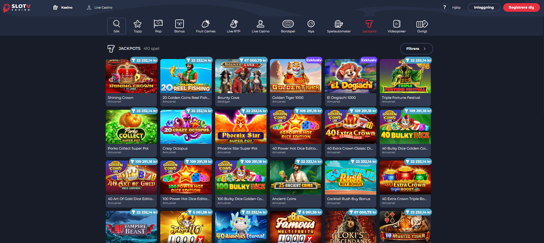 SlotV Casinos jackpotsida med jackpotspel och aktuella jackpotbelopp.