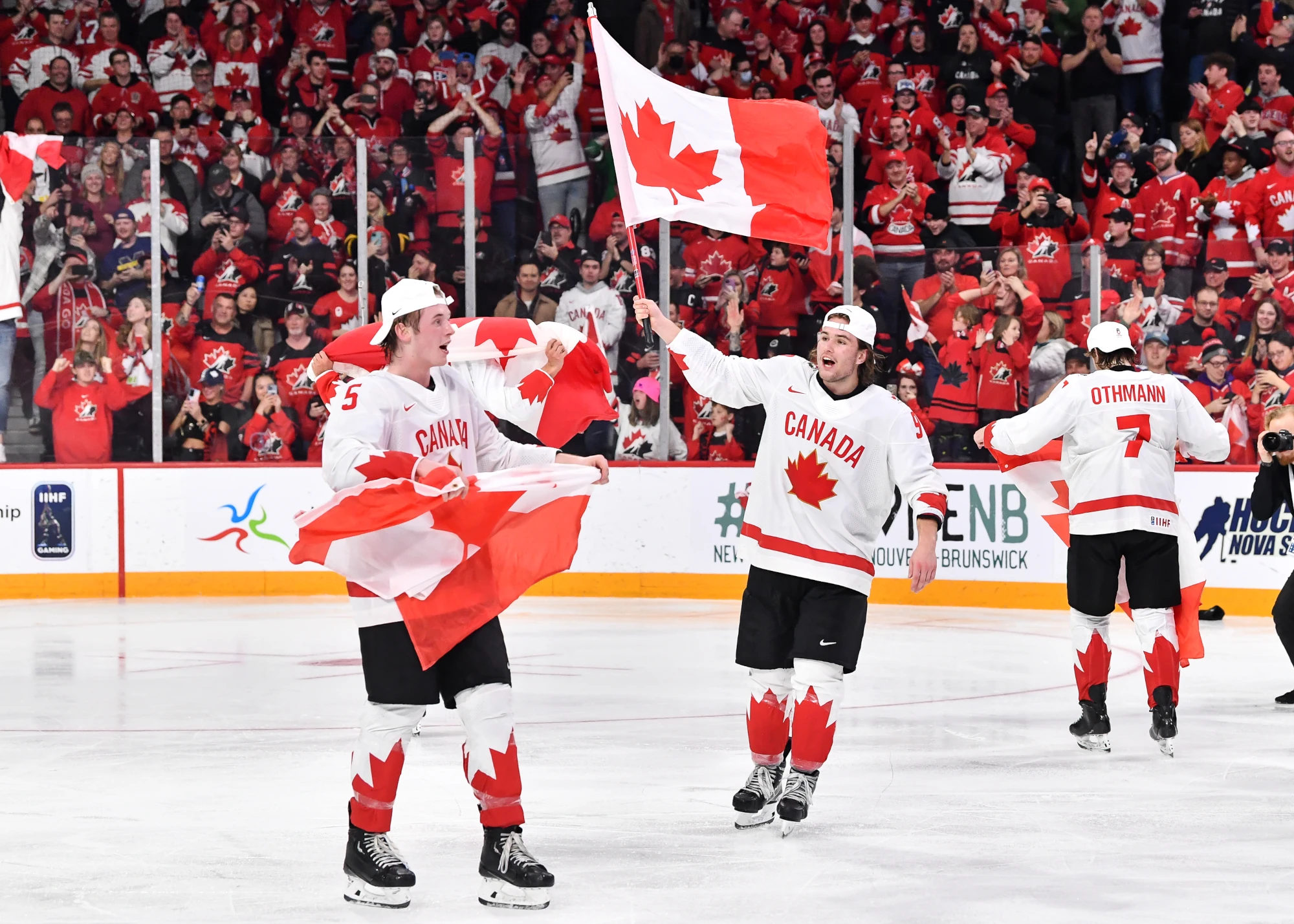 Team Canada celebrate their overtime victory against Team Czech Republic in the gold medal round of the 2023 IIHF World Junior Championship at Scotiabank Centre on January 5, 2023 in Halifax, Nova Scotia, Canada.