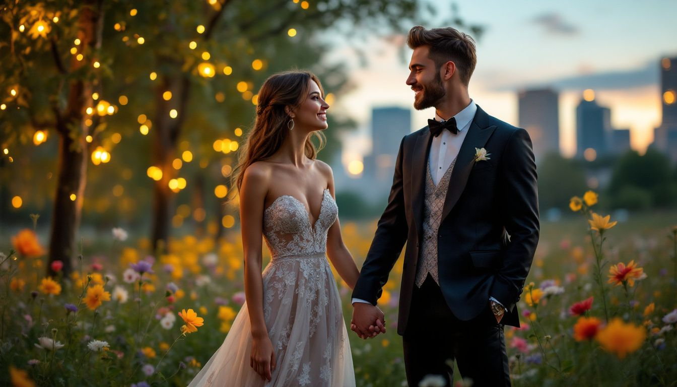 A couple showing their outfit change during an engagement session.