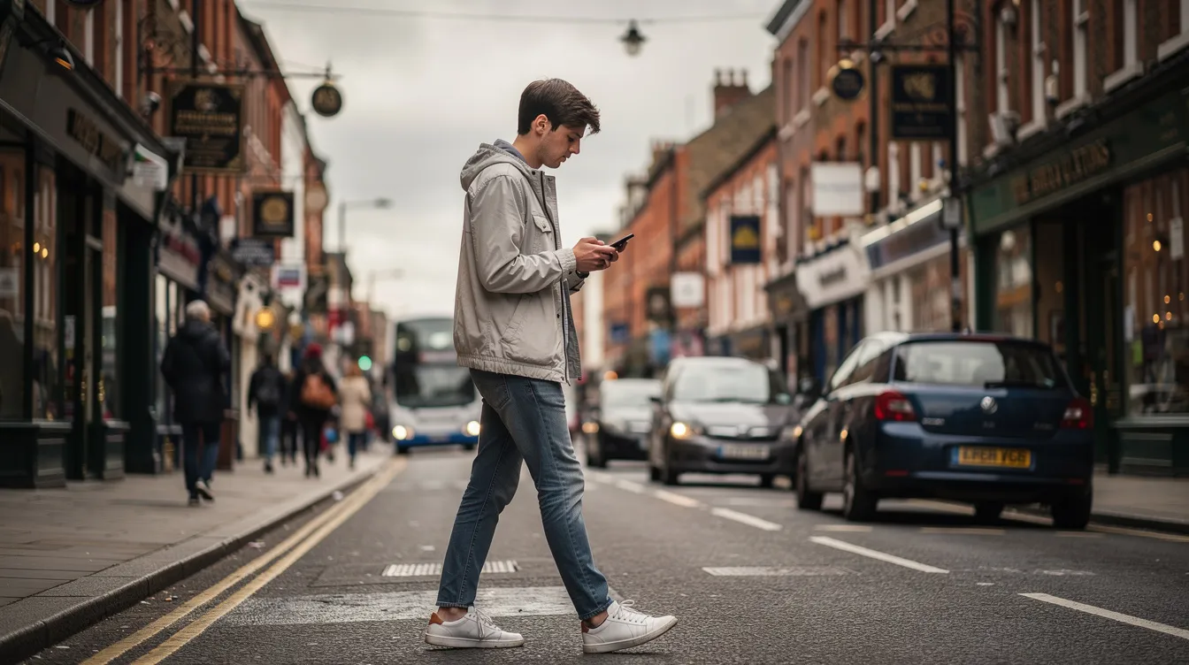 A person is walking along a bustling UK high street while checking their smartphone screen, possibly using the Worldpay dashboard mobile app to effortlessly manage their business operations and track transactions. The app empowers users by providing crucial business information and insights, ensuring a reliable experience for small business owners.