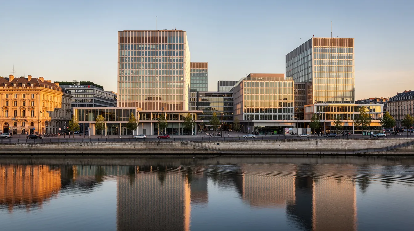 The image depicts a modern European city skyline featuring sleek glass bank buildings, symbolizing the banking sector's growth and innovation, with a serene river flowing in the foreground. This urban landscape reflects the presence of financial institutions such as UniCredit Bank and Raiffeisen Bank, highlighting the importance of banking services in Romania's economy.