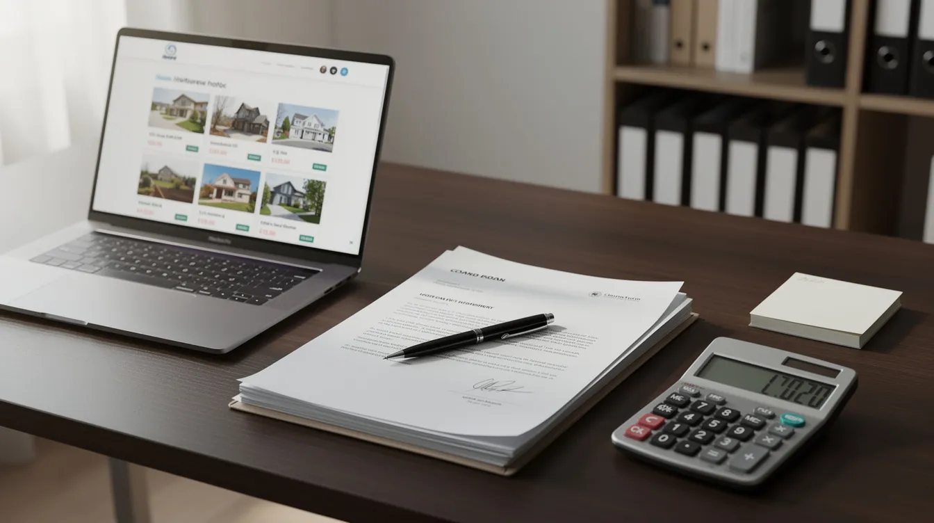 The image depicts a professional desk featuring loan documents, a laptop displaying property listings for real estate investors, and a calculator, suggesting a focus on hard money loans and investment property financing. This setup highlights the tools necessary for navigating hard money lending and securing short-term loans for real estate projects.