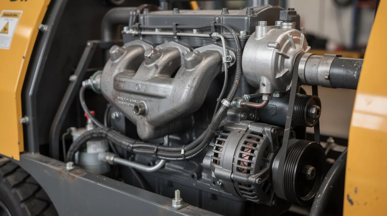 This close-up image showcases a compact three-cylinder diesel engine, specifically the Kubota D905 engine, mounted within a small piece of industrial equipment, highlighting its genuine parts and intricate design. The engine's robust structure emphasizes its torque and displacement, making it suitable for various machine applications.