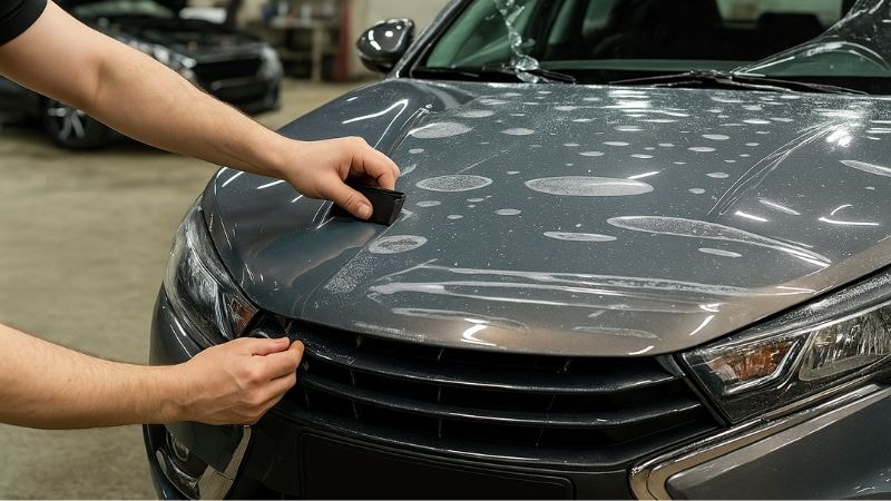 Bubble removing from vinyl wrap on hood of car