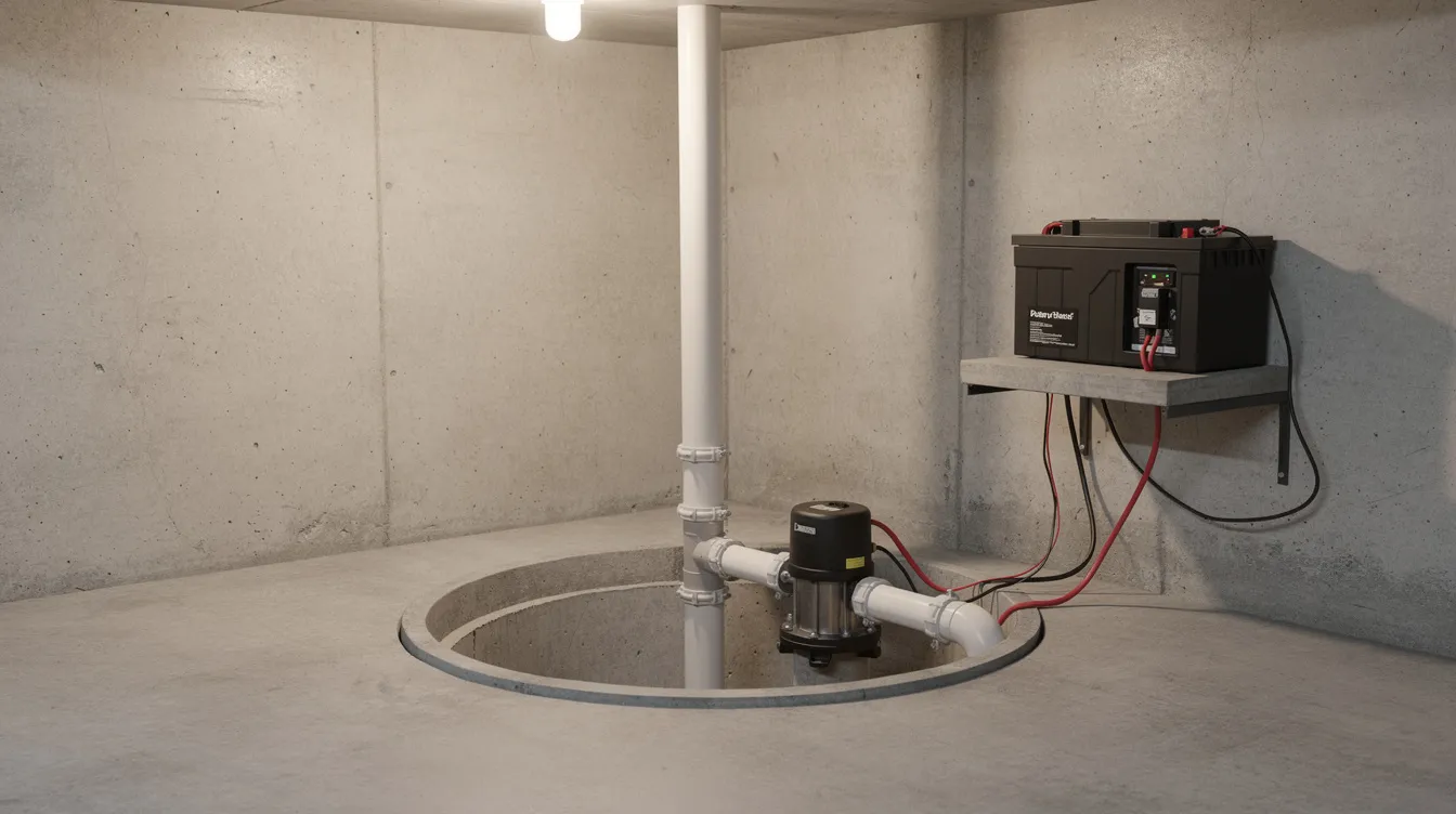 The image shows a battery backup unit connected to a sump pump system in a residential basement, designed to ensure proper operation during power outages and protect against basement flooding. This setup highlights the importance of a reliable sump pump installation for maintaining a dry home and preventing water damage.