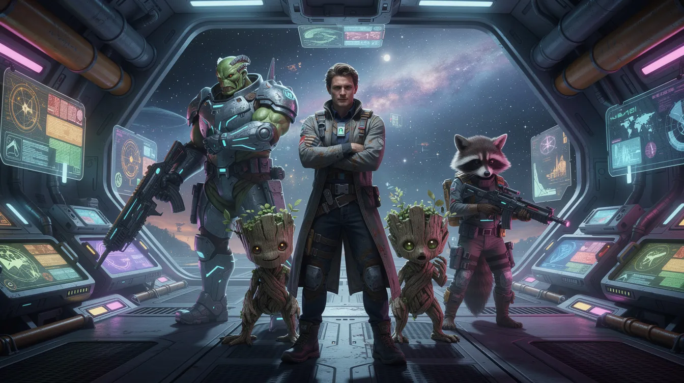Die bunte Raumschiffszene zeigt eine Gruppe verschiedener Wesen, darunter ein menschlicher Anführer, ein grüner Krieger, ein kleines Baumwesen und ein bewaffneter Waschbär, die gemeinsam im Marvel Cinematic Universe Abenteuer erleben. Die Vielfalt der Charaktere und die lebhaften Farben vermitteln ein Gefühl von intergalaktischer Freundschaft und Teamarbeit.