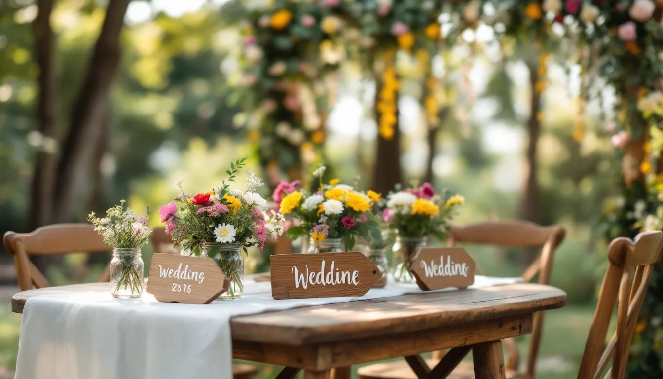 Die rustikale Hochzeitsdekoration zeigt Holzelemente und Wildblumen, die eine romantische Atmosphäre für eine Hochzeit schaffen. Diese stilvolle Gestaltung ist ideal für Hochzeitslocations im Rhein-Neckar-Raum, wie zum Beispiel in Mannheim oder Umgebung.