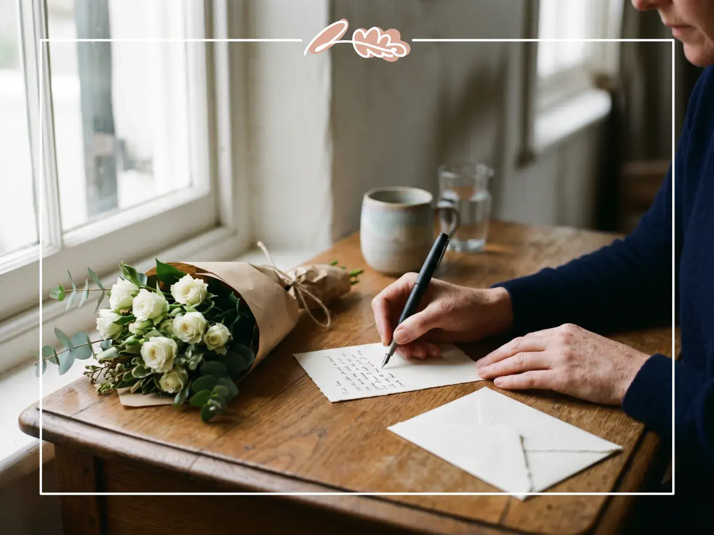 Person writing a handwritten condolence message at a wooden desk beside a wrapped white sympathy bouquet