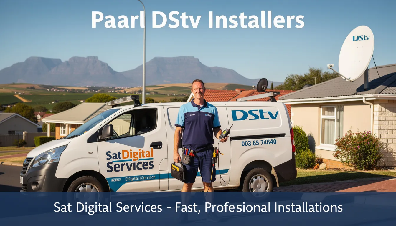 The image features a team of accredited DSTV installers in Paarl, working on a satellite dish installation. They are focused on ensuring the best reception and signal quality for customers, showcasing their expertise in professional DSTV installation services.