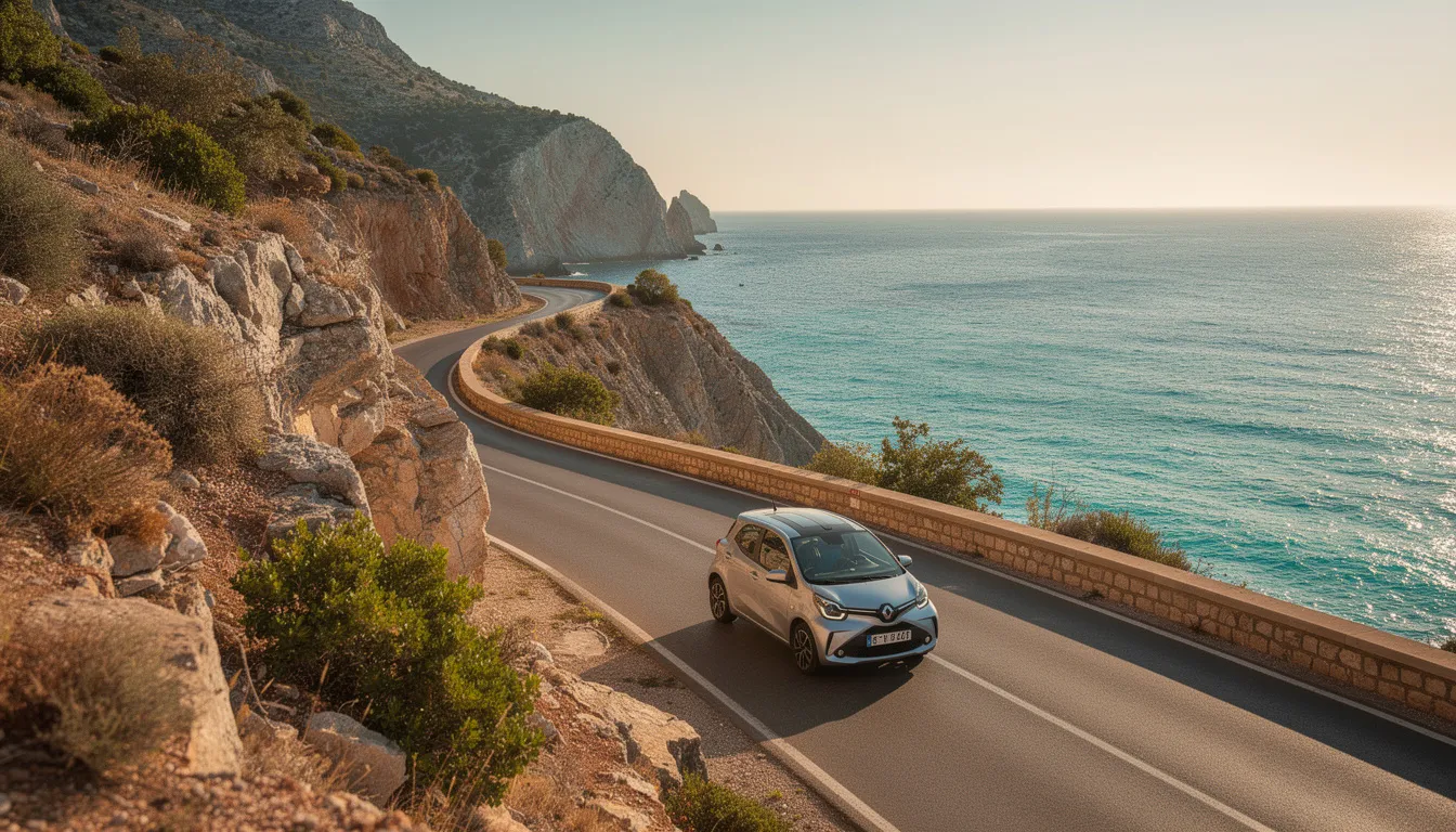 Une voiture compacte roule le long d'une route côtière méditerranéenne, offrant une vue imprenable sur la mer turquoise. Ce paysage idyllique évoque la beauté de l'île de Minorque, idéale pour la location de voiture et l'exploration de ses plages et criques.