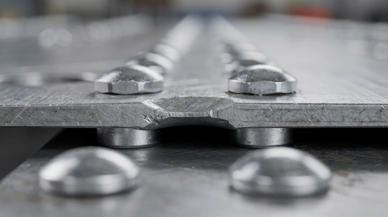 A close-up view of steel plates fastened together with multiple round-head rivets, showcasing the factory head and formed shop head, highlighting the use of steel rivets as ideal fasteners for various projects. The image emphasizes the aesthetics and functionality of these blind rivets in industrial applications.