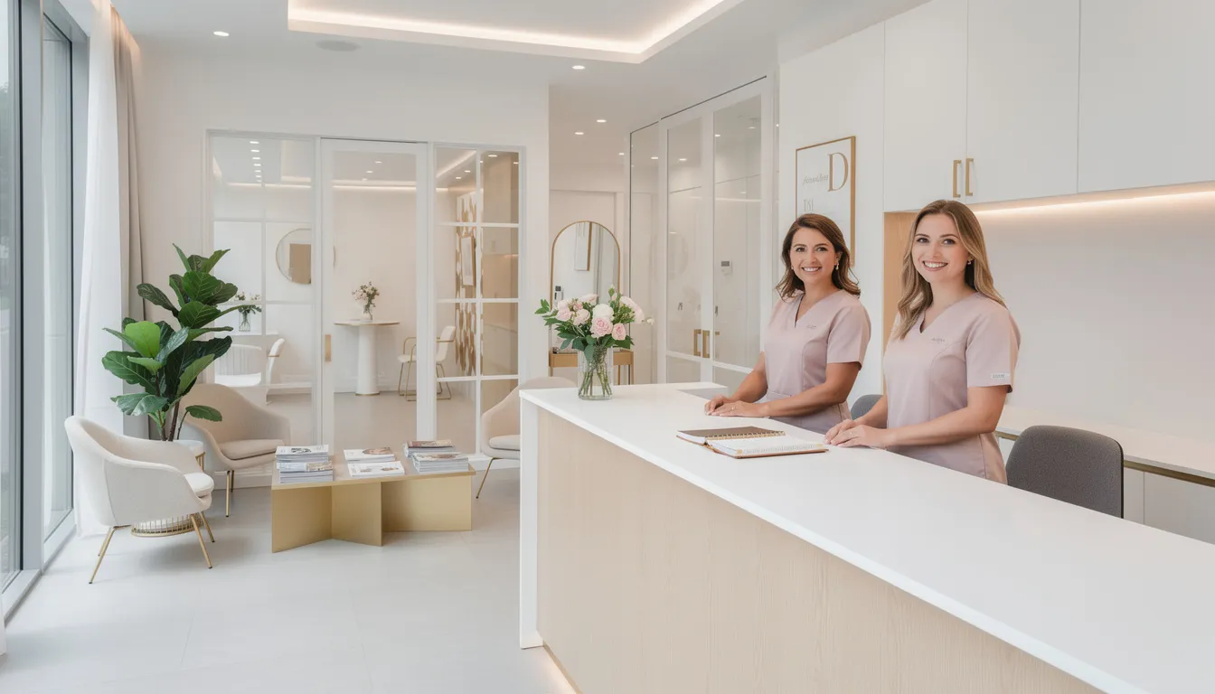 Na zdjęciu znajduje się nowoczesna recepcja salonu kosmetycznego, gdzie uśmiechnięta obsługa wita klientów. W tle widać eleganckie wnętrze, a na biurku leżą ulotki dotyczące zabiegów medycyny estetycznej, takich jak mezoterapia igłowa czy lifting twarzy, oferowanych w naszej klinice w Warszawie Woli.