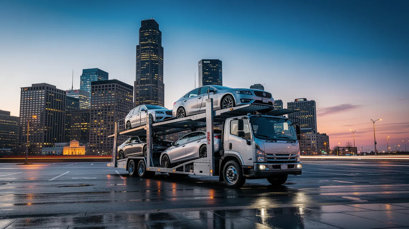 A professional car carrier truck is parked in front of a vibrant city skyline at dusk, showcasing the vehicle transport options available in Oklahoma City. The scene highlights the reliability of car shipping services, emphasizing the importance of safe vehicle transportation in urban settings.