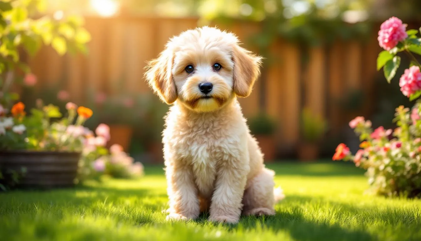 An adorable Maltipoo dog with a fluffy cream-colored coat sits in a sunny garden, surrounded by vibrant flowers. This small dog breed, a mix of Maltese and Poodle, exudes playfulness and affection, making it a perfect companion for families and individuals alike.