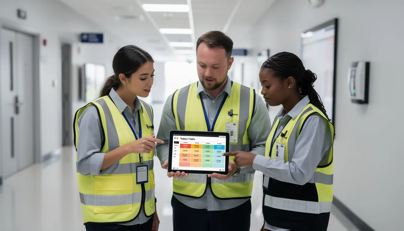 A maintenance team is gathered in a building hallway, reviewing a digital schedule on a tablet, which aids in the efficient management of maintenance requests and tasks. This proactive approach enhances tenant satisfaction by ensuring timely repairs and regular inspections of critical systems.