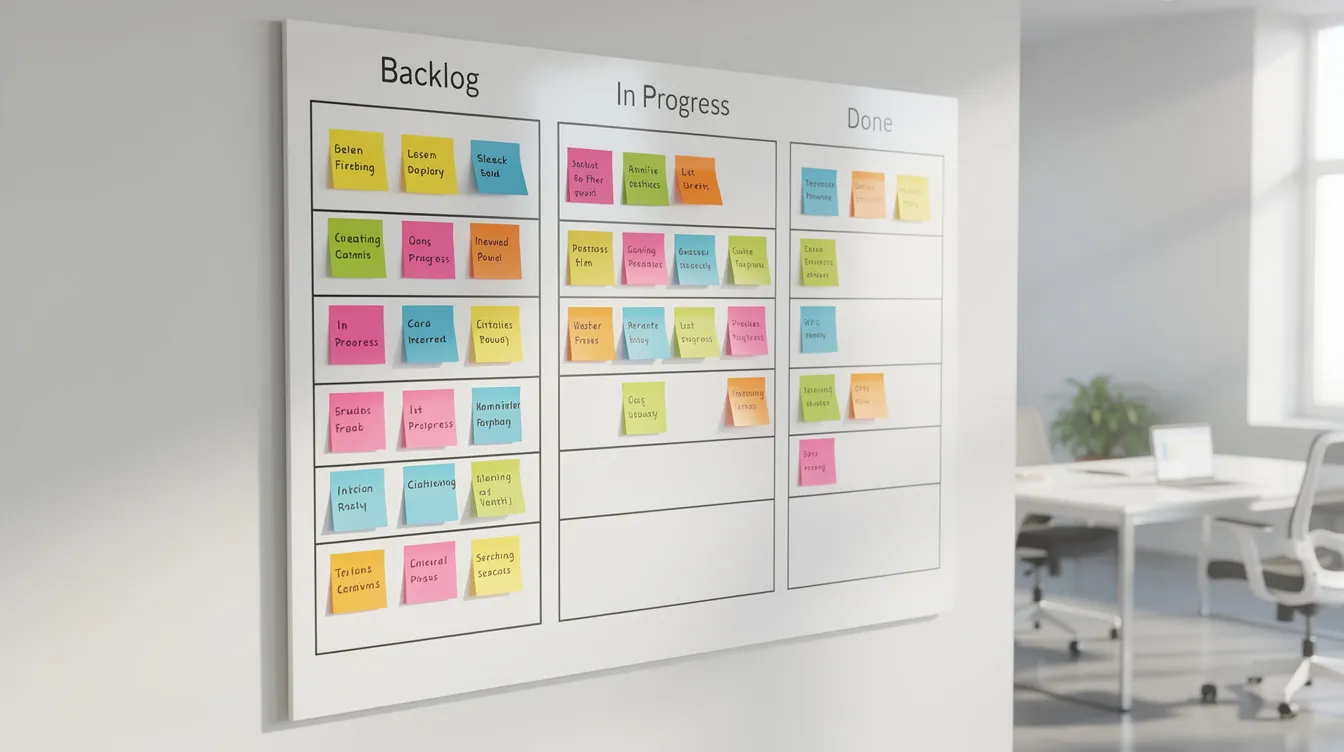 L'image montre un tableau Kanban propre, avec des notes autocollantes colorées disposées sur un mur dans un environnement de bureau. Ce tableau illustre les pratiques de gestion d'équipe et de communication au sein d'une entreprise, favorisant l'efficacité et la collaboration entre les membres de l'équipe.