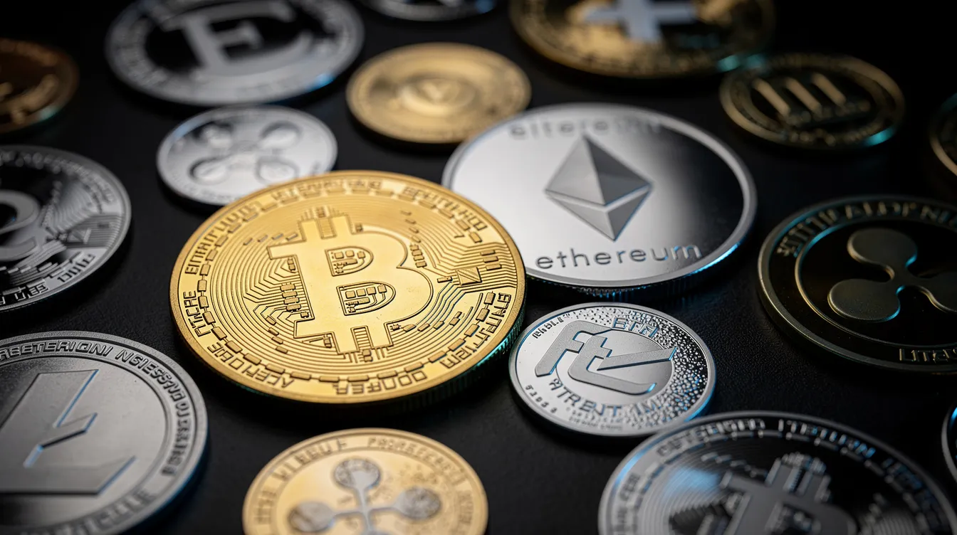 The image features a collection of various cryptocurrency coins, including Bitcoin and Ethereum, prominently displayed against a dark background, symbolizing the dynamic world of crypto trading and the use of automated trading bots in financial markets. This visual representation highlights the significance of trading strategies and market analysis in the evolving landscape of digital currencies.