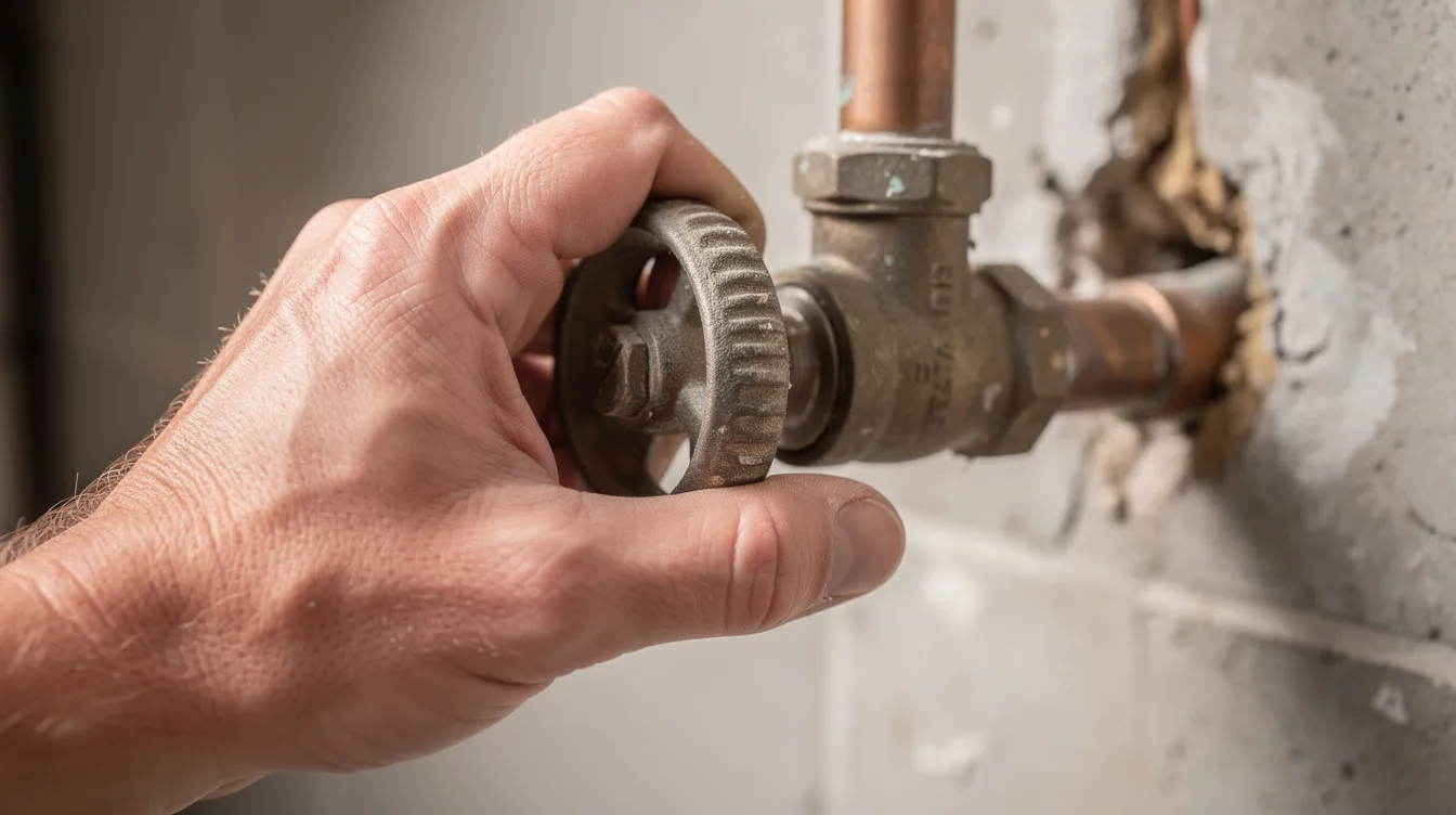 A close-up image shows a hand turning a residential water shut-off valve, a crucial action to prevent plumbing emergencies and minimize potential water damage from burst pipes or leaks. This simple yet vital step can help avoid costly repairs and ensure the plumbing system remains functional.