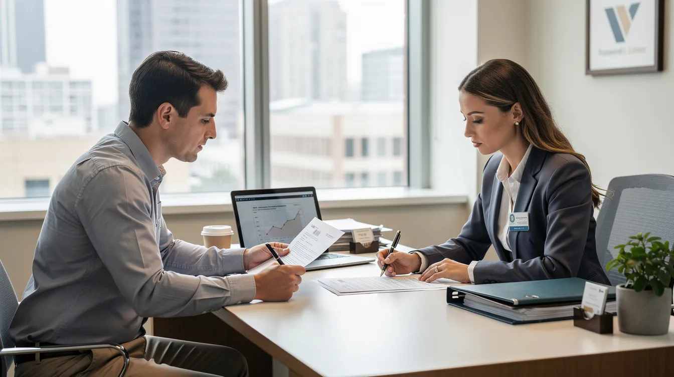 70db88d7 c099 461d 9a76 31ee2b43725b A small business owner is seated across a desk from a bank officer, both reviewing documents related to a mudra loan application. The scene reflects a collaborative effort to assess the business's financial assistance needs, emphasizing the importance of a satisfactory credit track record and the necessary documents for securing funding.