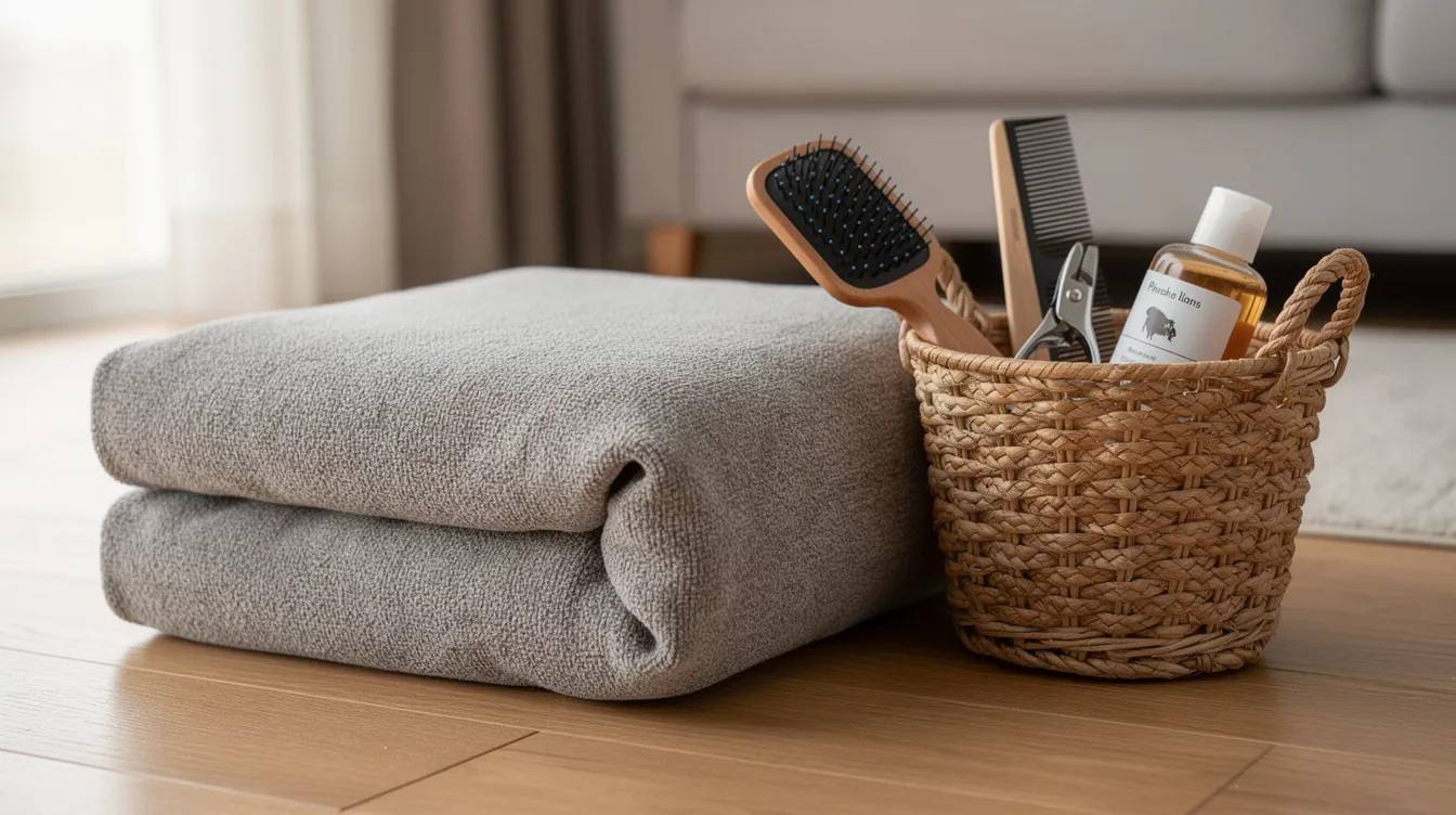 The image shows a folded washable sofa cover next to a basket filled with various pet grooming tools, ideal for pet owners looking to protect their furniture from dirt and pet hair. This stylish sofa cover is designed to fit over an entire sofa, providing a durable solution for maintaining home decor.