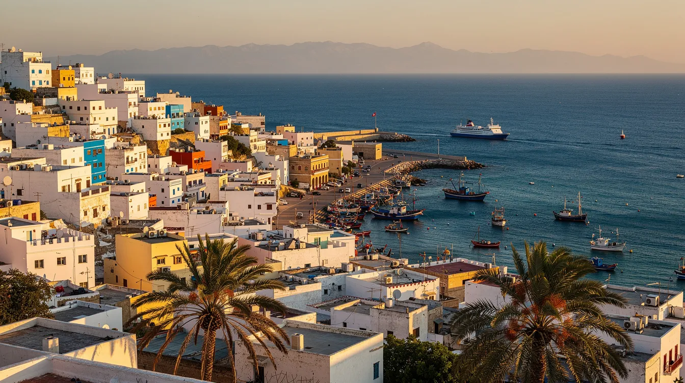 A imagem mostra a cidade de Tânger, em Marrocos, com suas belas paisagens que incluem a costa do Oceano Atlântico e o Estreito de Gibraltar ao fundo. É um destino turístico popular que destaca a rica história e cultura marroquina, atraindo visitantes de todo o mundo.