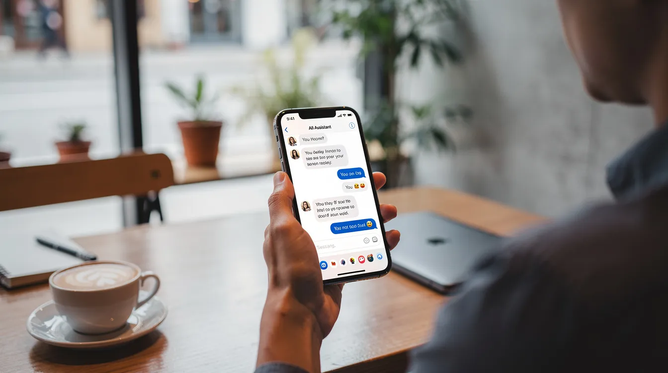 The image depicts a person engaged in a conversation with an AI assistant on their smartphone, set in a modern cafe, highlighting the use of conversational AI and advanced chatbots for improved customer service and user interactions. The scene captures the essence of human-like conversations facilitated by artificial intelligence in a casual environment.