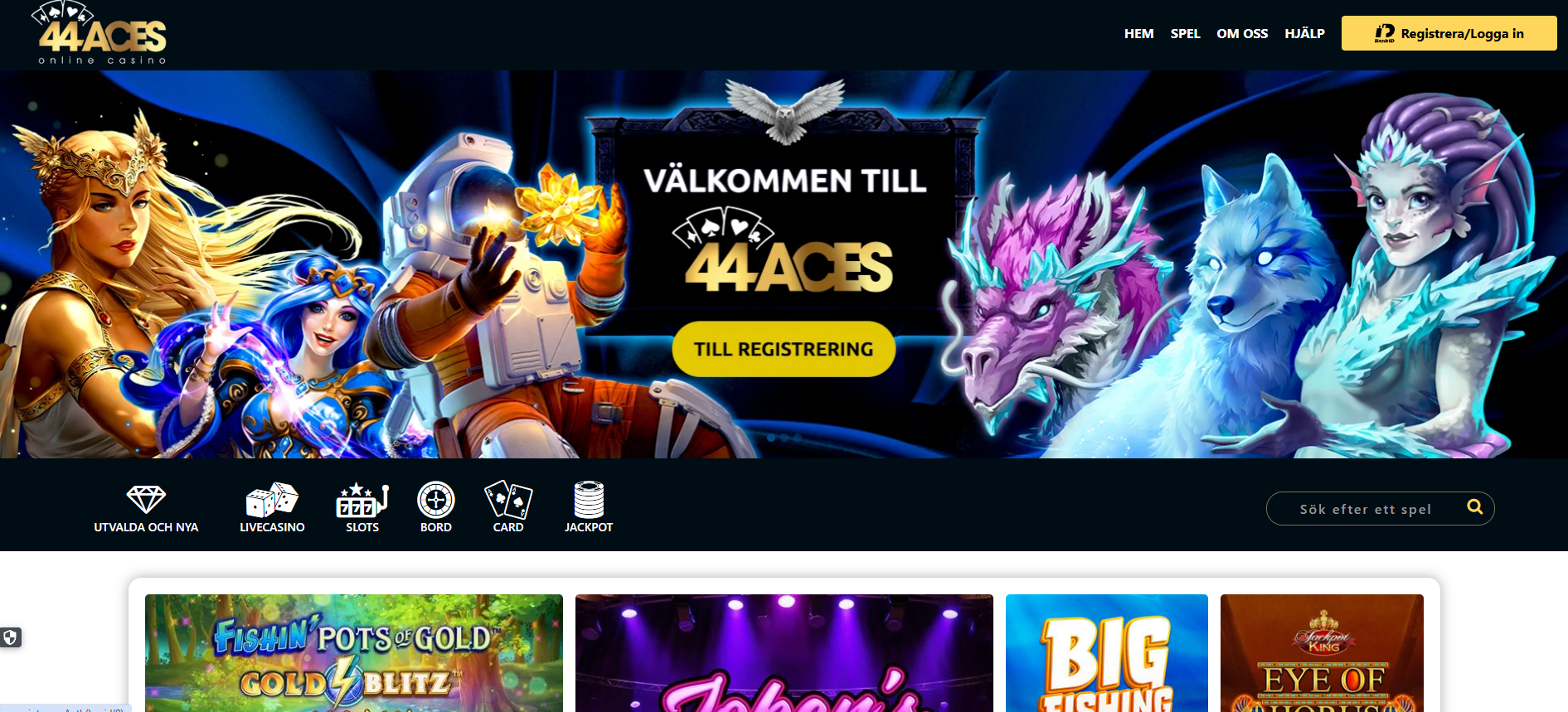 44Aces startsida med registrering och olika kategorier av casinospel.