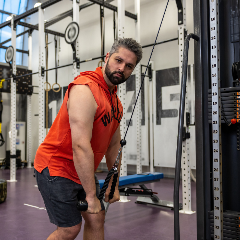 An individual performing cable pushdowns for triceps growth.