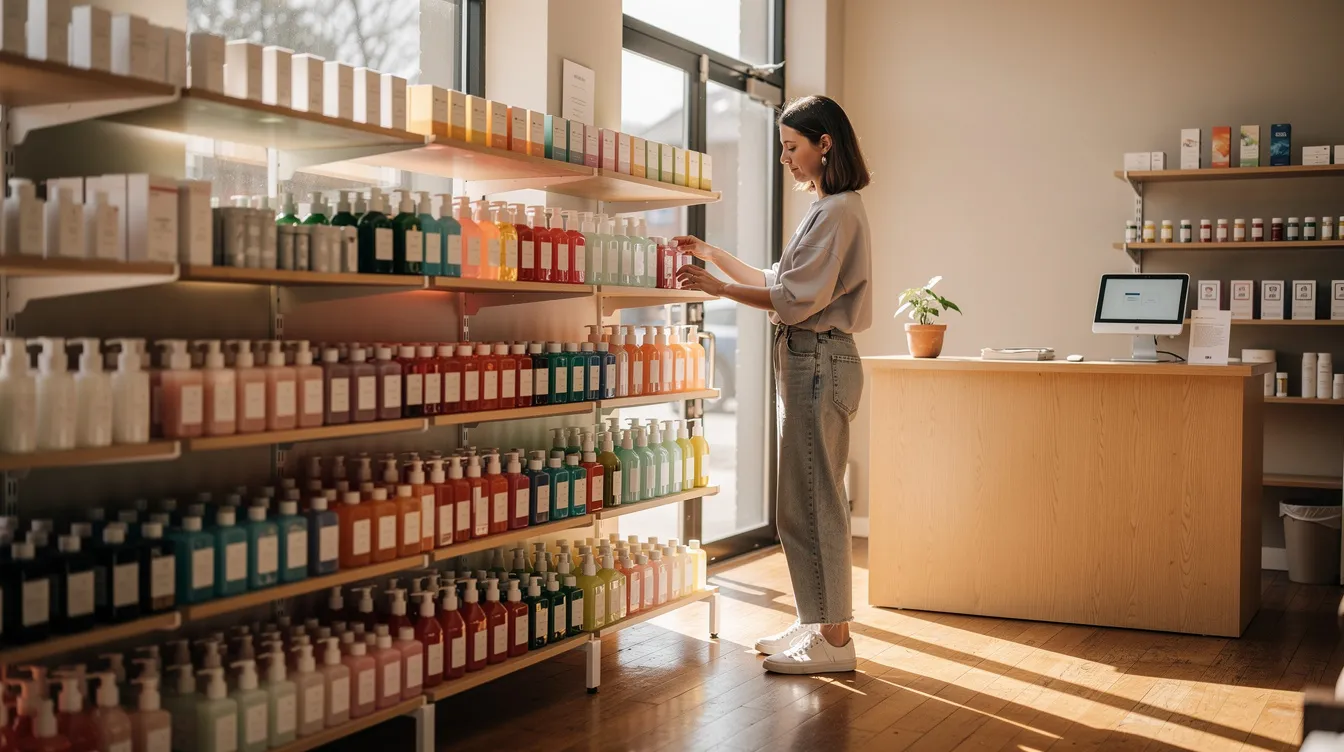 A woman is seen arranging products on shelves inside a bright and sunlit small retail shop, showcasing a vibrant selection of items typical of women-owned businesses. The atmosphere reflects the passion and dedication of women entrepreneurs in the local community, inviting customers to explore and support their locally owned brands.