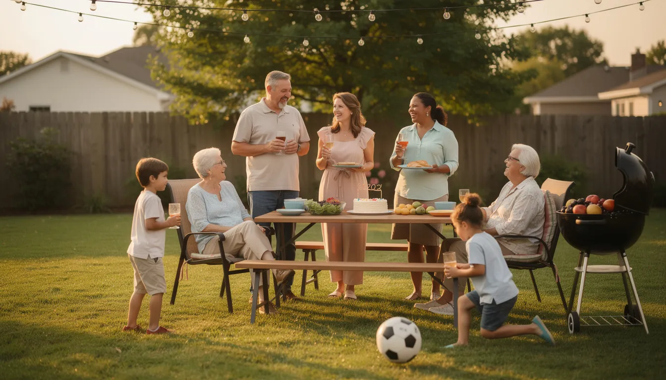 A multi-generational family is gathered in a backyard, enjoying each other's company while children play nearby. The scene captures a warm atmosphere filled with laughter and conversation, symbolizing the importance of family connections and shared experiences.