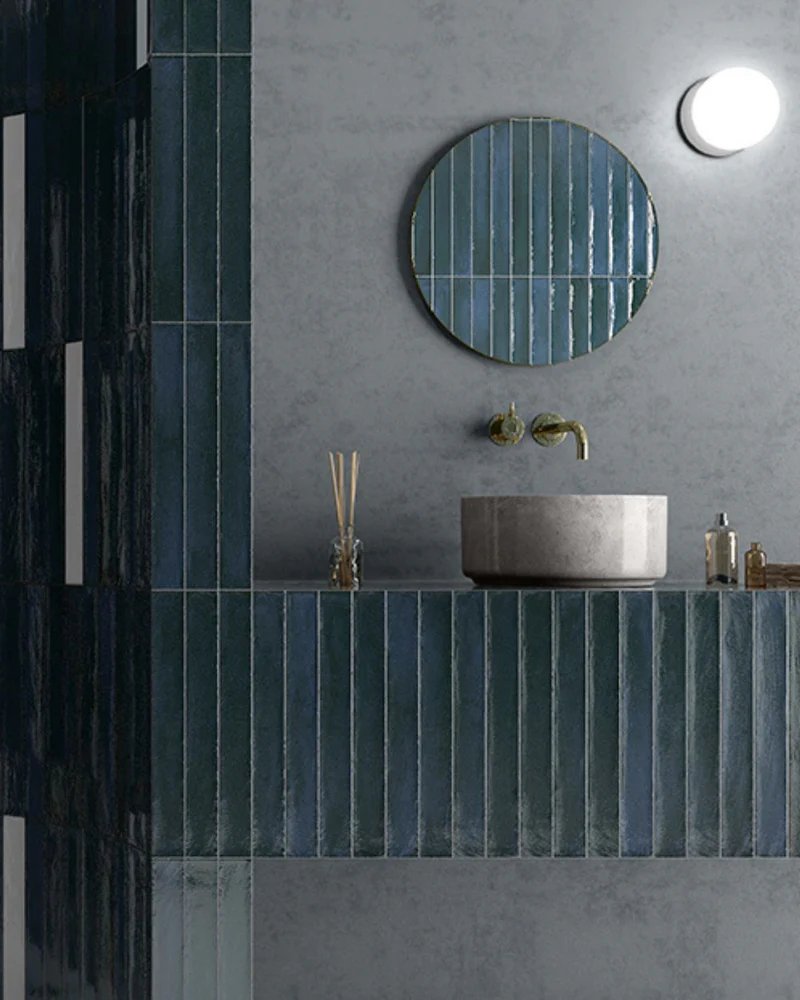 Bharumini Blue wall tile in a vertical lines stack, creating a sleek statement.
