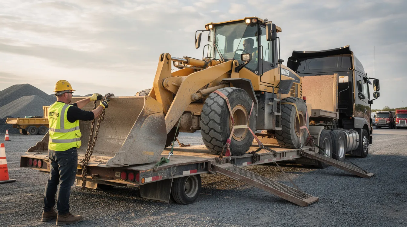 A heavy machinery operator is seen preparing a wheel loader for transport, ensuring it is ready for loading onto specialized trailers. This scene highlights the careful planning involved in transporting heavy equipment, emphasizing safety and efficiency in the shipping process.