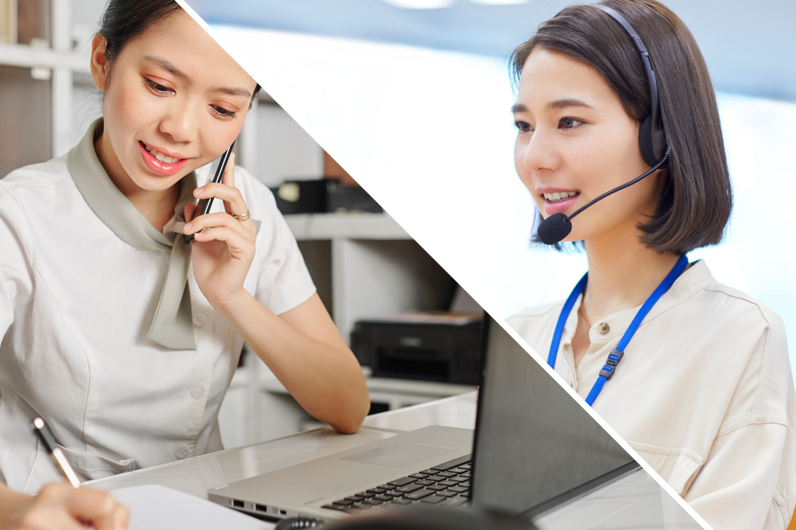 Side-by-side of two women working remotely as a virtual assistant and customer support rep