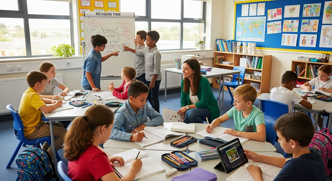 Classroom scene where revision time is built into the learning process.