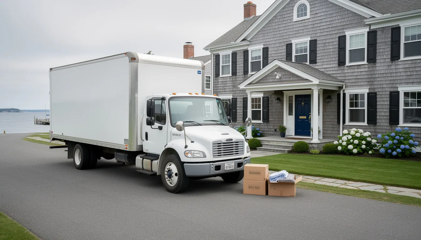 A moving truck is parked in front of a charming coastal-style New England home, showcasing the picturesque architecture typical of the region. This scene captures the essence of the home buying process, where buyers often engage with real estate agents and navigate contingencies such as home inspections and financing to finalize their real estate transaction.