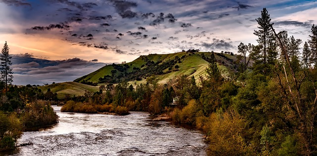 river, hills, trees