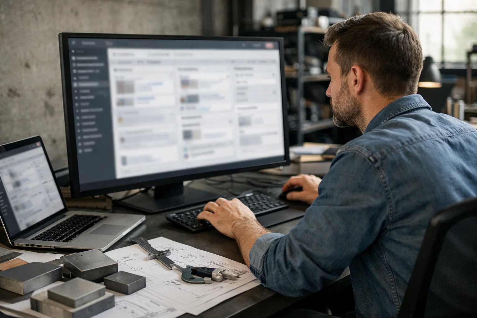Digital specialist reviewing structure of a manufacturing website on desktop screen