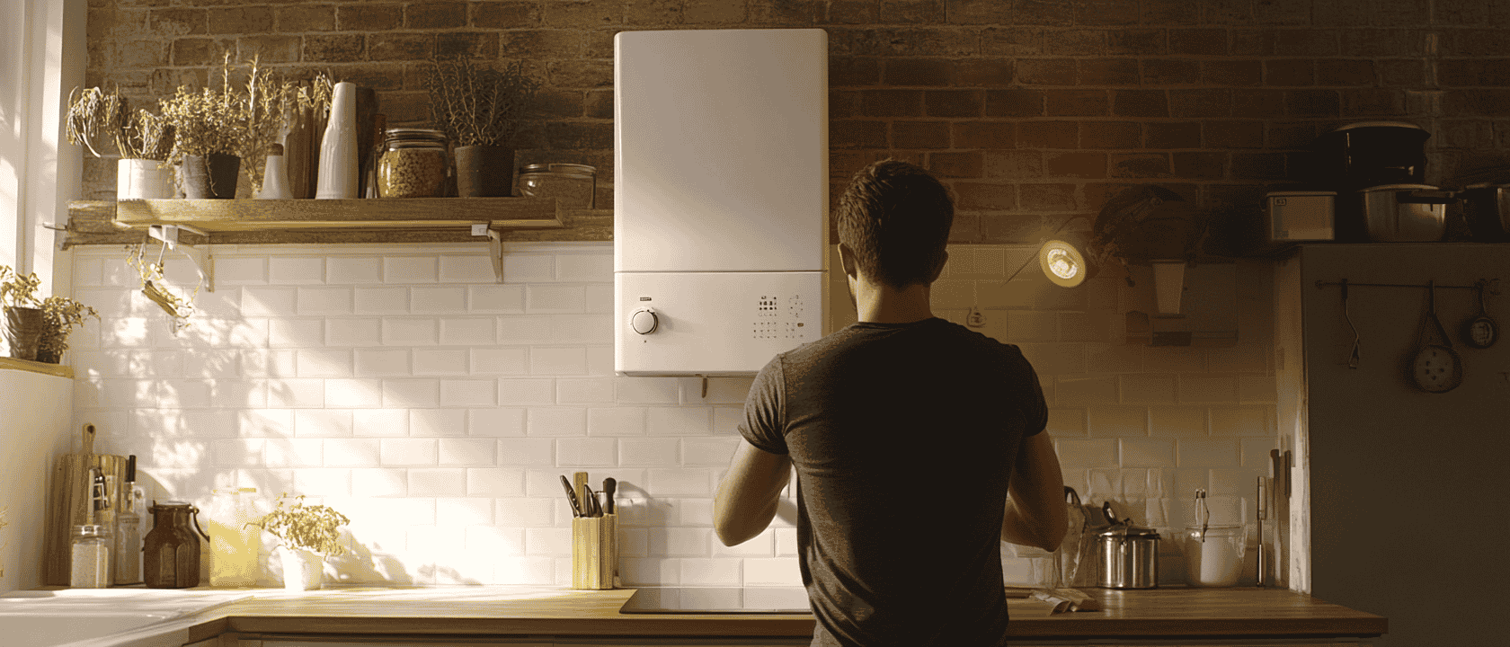 A technician performing maintenance on a Worcester Bosch boiler.