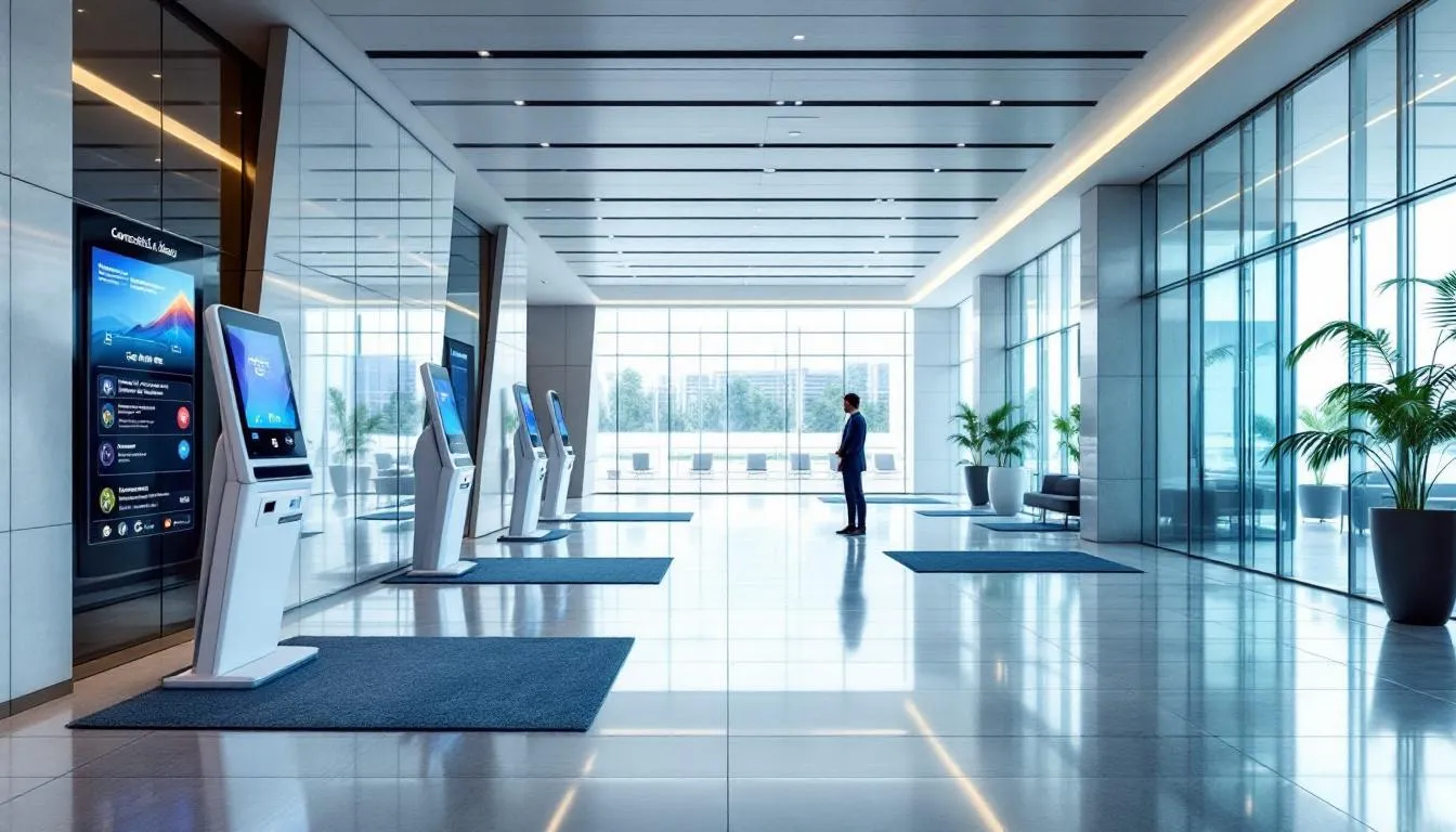 The image depicts a modern hotel lobby equipped with sleek contactless check-in kiosks and vibrant digital displays, showcasing the latest trends in the travel and tourism market. This innovative setup caters to both business and leisure travelers, reflecting the growing demand for online travel booking solutions and enhanced guest experiences.