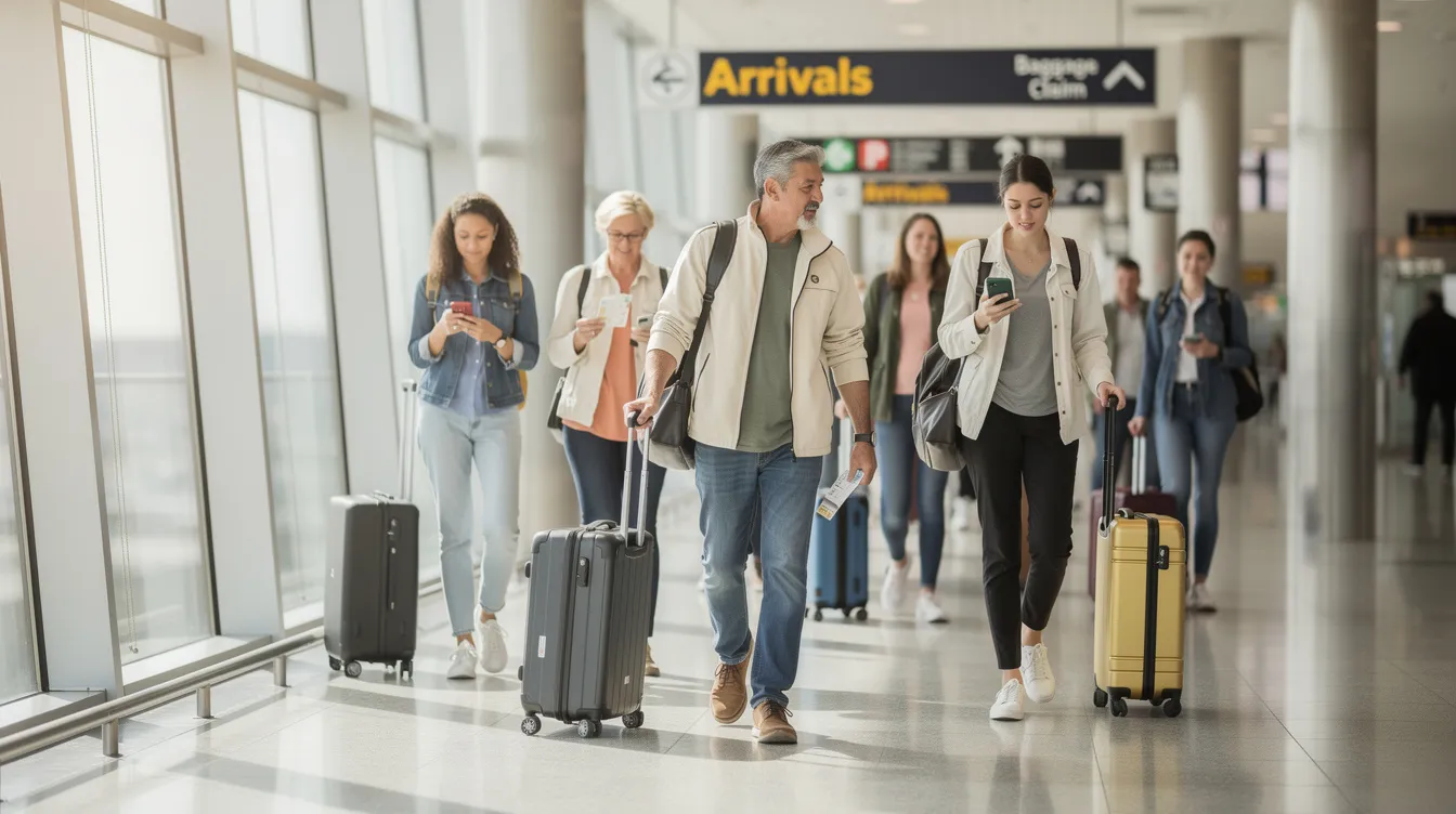 The image shows a group of travelers walking through an airport arrivals corridor, each carrying luggage, as they prepare to enter Ireland. This moment captures the excitement of arrival, often accompanied by necessary immigration processes such as presenting a valid passport and fulfilling visa requirements at border control.
