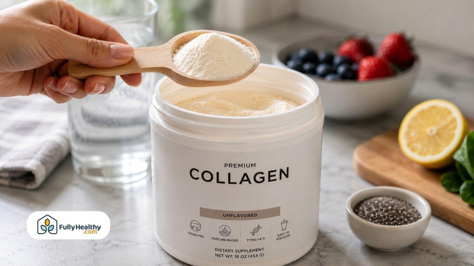 Hand scooping collagen powder beside water and fresh healthy breakfast ingredients.