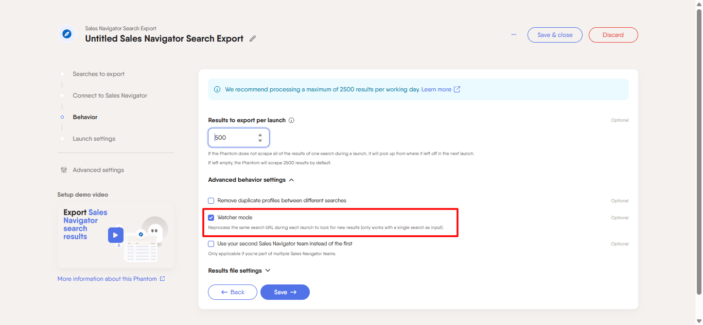PhantomBuster Watcher Mode setting in Advanced behavior settings