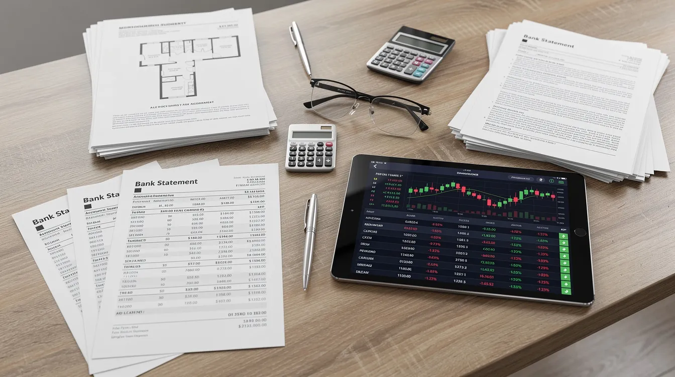 The image shows a cluttered desk featuring various property documents, a tablet displaying a stock trading app, and several bank statements, which could be relevant for individuals seeking financial advice or applying for loans, including 免 入 息 證明 options. This setup reflects the financial activities and documentation often associated with managing investments and loans.